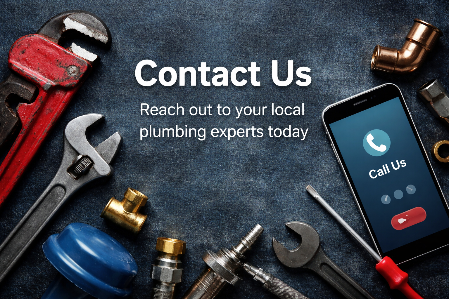 Professional plumbing tools and fixtures arranged around a clean workspace background representing contact services for local plumbing company